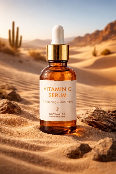 A Vitamin C serum bottle positioned on sand dunes under natural sunlight, emphasizing a clean, premium, and organic product aesthetic.
